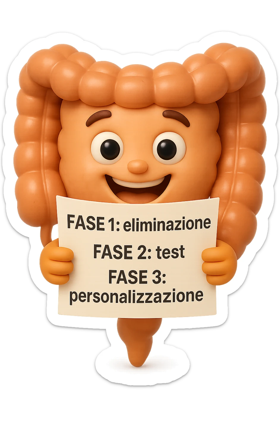 emoji stile iphone 3d di un intestino che tiene in mano un foglio con la scritta "FASE 1: eliminazione, FASE 2: test, FASE 3: personalizzazione, IPERREALISTICO 4K sticker