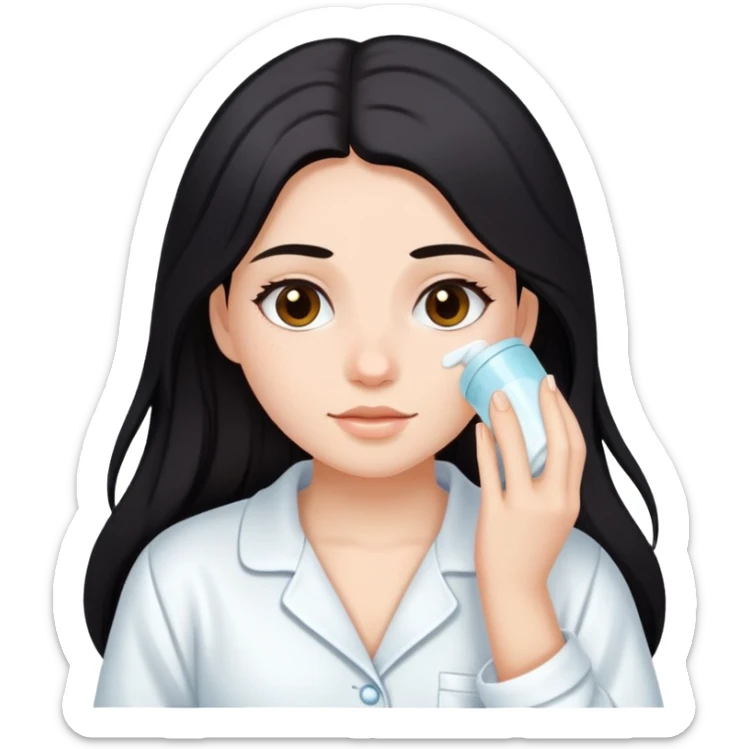 Girl with dark long hair doing skincare in a white Pyjama sticker