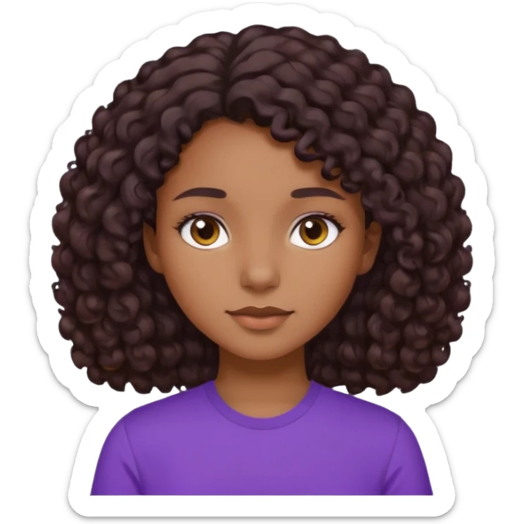 girl with brown skin, dark curly brown hair shoulder length and purple shirt sticker