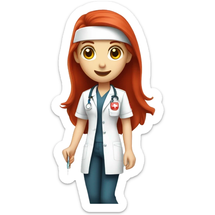nurse with bright long straight red hair, with amber eyes, shes wearing a nursing uniform that is white with a little red logo of UL...shes holding a needle sticker
