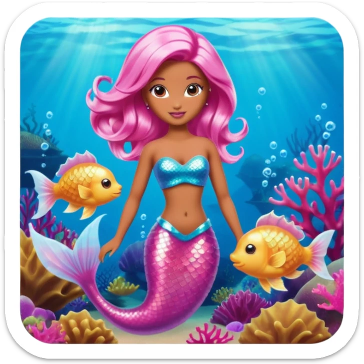 Brown skin blonde hair barbie mermaid with holographic tail and pink hair with pufferfish sticker