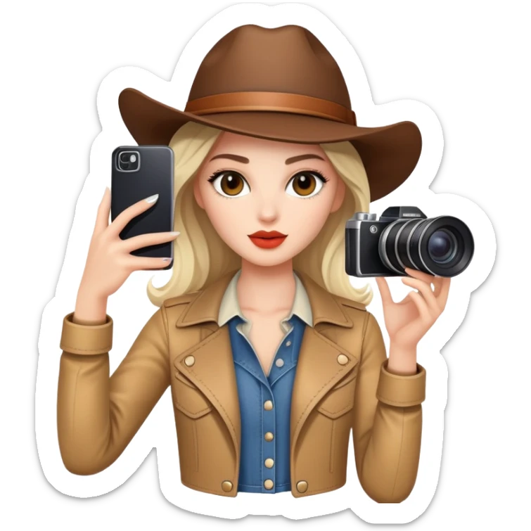 Western female fashion model posing with camera taking selfie, stylish outfit sticker