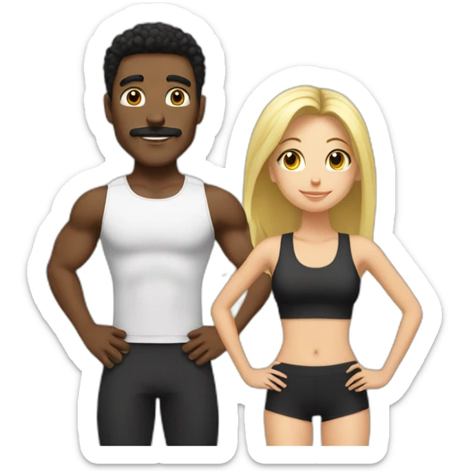 Black guy with black hair and mustache and blonde girl going to the gym sticker