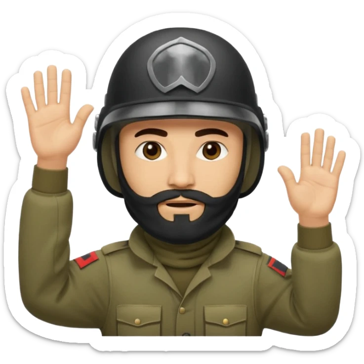 surrenders, depicts an Iraqi soldier from 1980, with a beard, in a helmet, with a balaclava, with a sad face and raised hands sticker