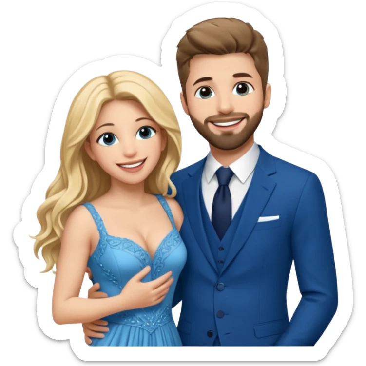Shakira with blue eyes and her husband  Gerard pique with blue eyes  holding her in his arms. They both laugh at each other. Its beautiful and romantic. Also their outfits are very elegant  sticker