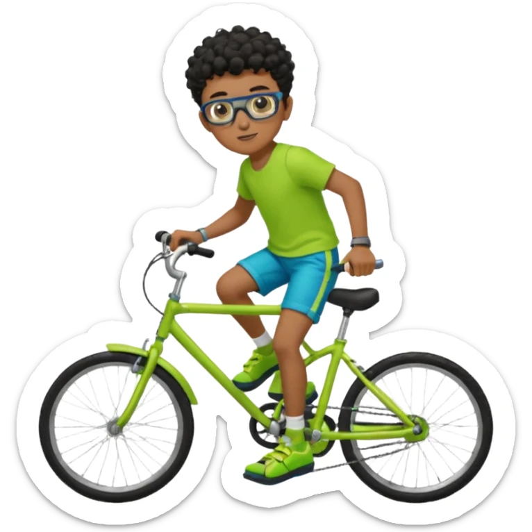 Menino pardo com cabelo curto cacheado preto raspado dos lados, de óculos preto quadrado e blusa verde e amarela bermuda preta e chinelo azul andando de biblicleta verde neon sticker