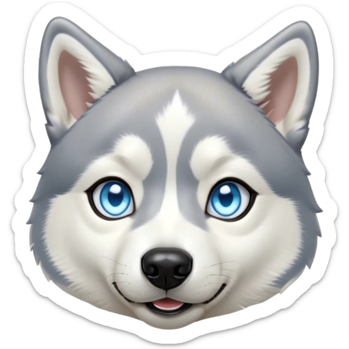 Cinematic Cute Siberian Husky Portrait Emoji, Head tilted playfully and inquisitively, featuring a lush grey and white coat with striking accents, round, sparkling icy blue eyes filled with curiosity, Simplified yet irresistibly adorable features, highly detailed, glowing with a crisp, friendly glow, high shine, affectionate and lively, stylized with a touch of whimsy, bright and endearing, soft glowing outline, capturing the essence of a mischievous yet loving pup, so playful it feels like it could dash out of the screen and into your arms! sticker