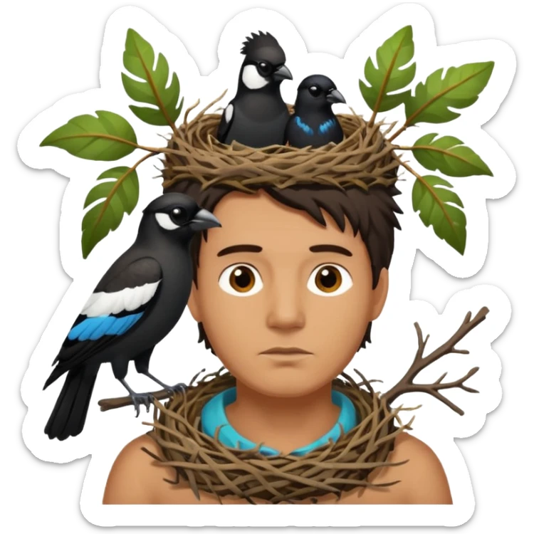 A man who has a magpie birds nest on top of his head for hair sticker