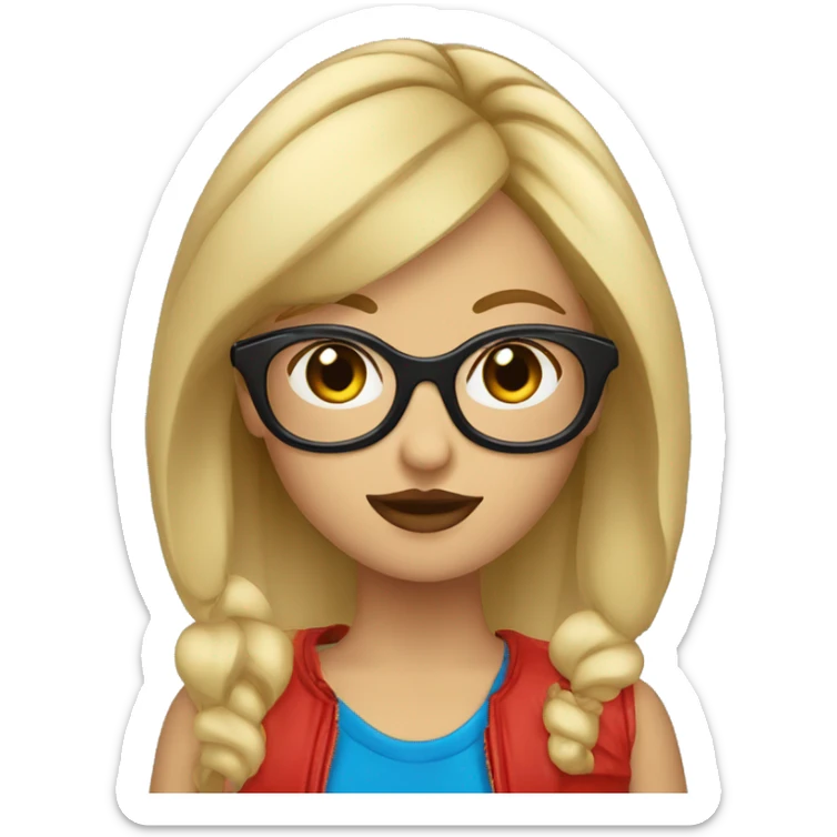 Chica rubia con pelo corto ojos azules y gafas de color negro y rojoazules  sticker