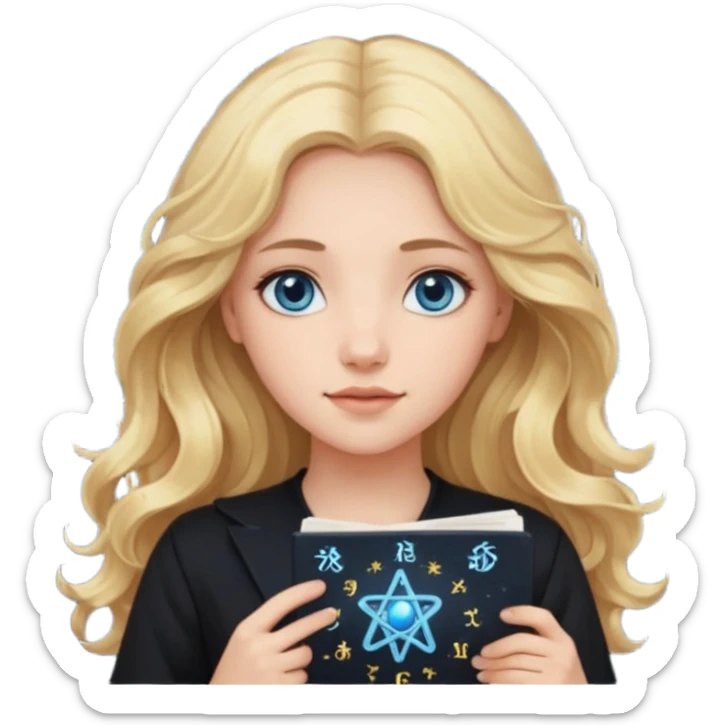 A long wavy haired blonde girl with blue eyes, wearing black, holding astrology natal chart. sticker