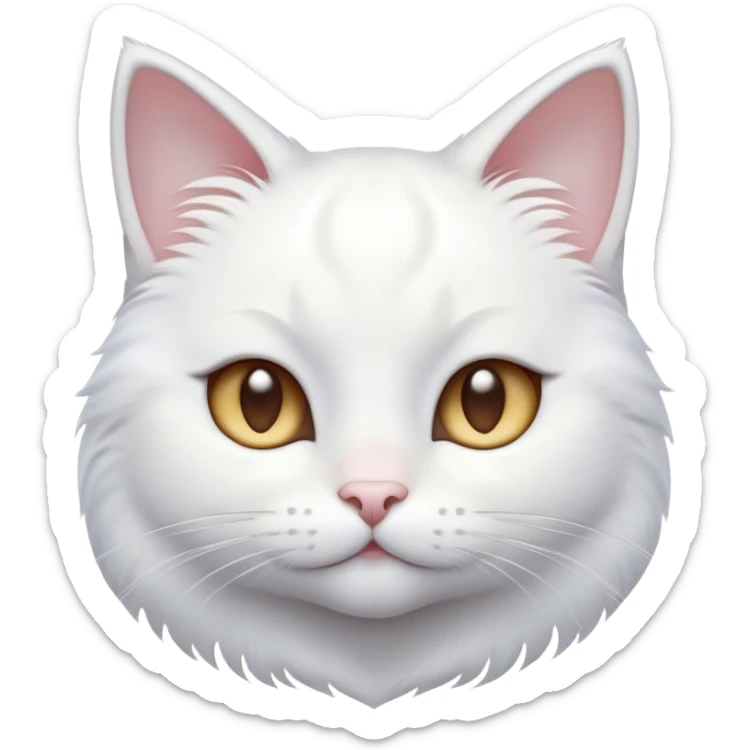 Cinematic Cute White Cat Portrait Emoji, Head tilted with a soft, gentle smile and sparkling eyes, featuring a silky, pristine white fur with subtle silver highlights, simplified yet irresistibly adorable, highly detailed, glowing with a warm, snowy glow, high shine, radiating affectionate charm and tender grace, styled with a light, playful outline, capturing the essence of a cute white cat that looks as if it could melt your heart with a single blink! sticker