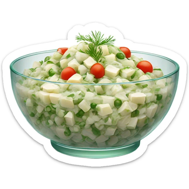 russian salad olivier on a crystal bowl, dill on top of a dish, view from the side  sticker