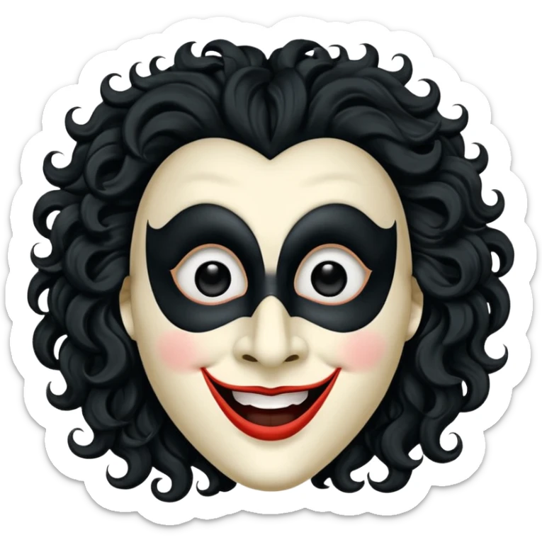 generate theatre mask emoji with a big curly black hair 

wide black smile, long and pointy white nose, pitch black eyes sticker