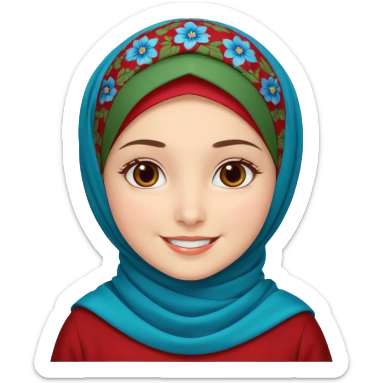 Turkish beautiful finish Konya girl brown eyes white skin with red blue green flowers hijab and brown islamic dress and smiles sticker