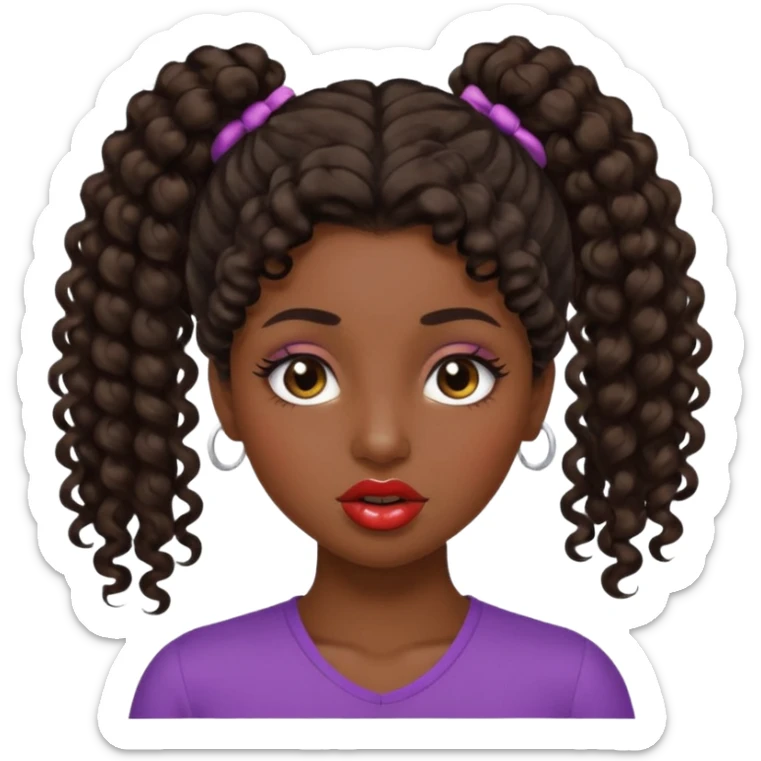 emoji sucking its lips in with one eyebrow up and the other one down dark skin and curly hair in one ponytail with eyelashes up to her hair sticker