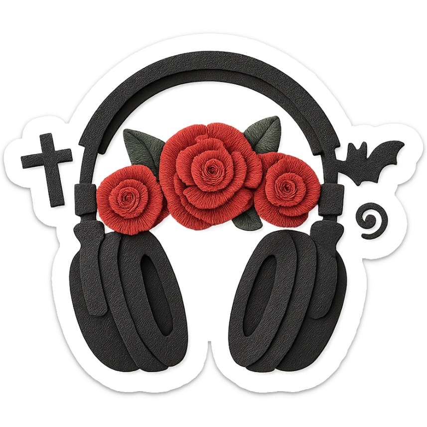 black gothic headphones with layered paper roses and gothic motifs sticker
