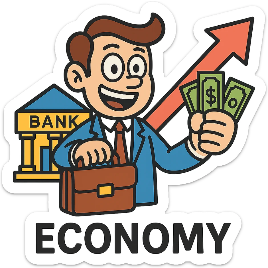 Add a cartoon bank building to the economy icon, keep the style consistent with lineal color icon with black outlines and transparent background. sticker