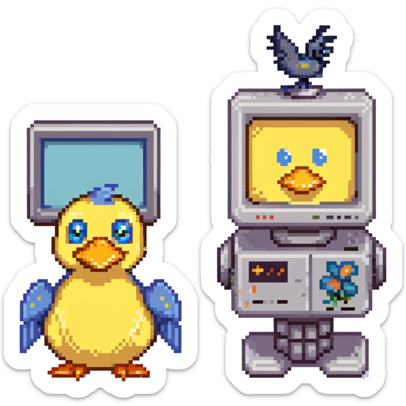 pixel art style, 16-bit retro game look, smiling CRT monitor robot with small arms, standing beside playful yellow duck with big eyes, orange beak, fluffy feathers, blue bowtie, pixel gradient sky and clouds in background, warm, cheerful, clean pixel lines, isometric or side view sticker