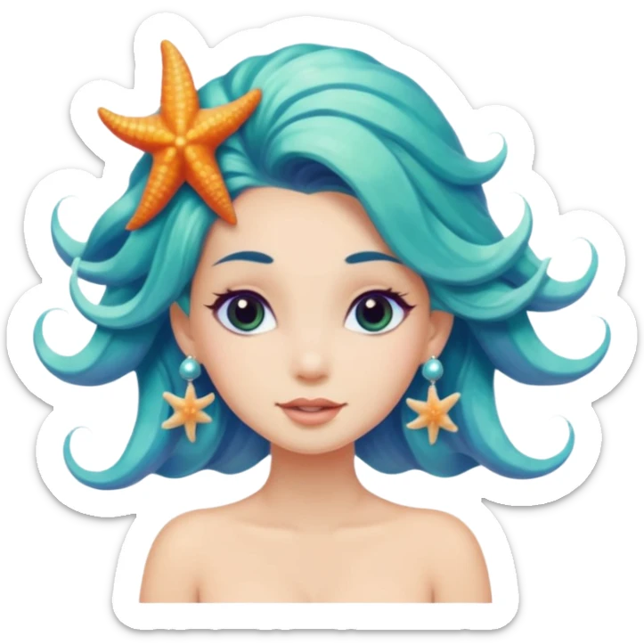 mermaid with seashells in hair, starfish earrings, ocean hair sticker