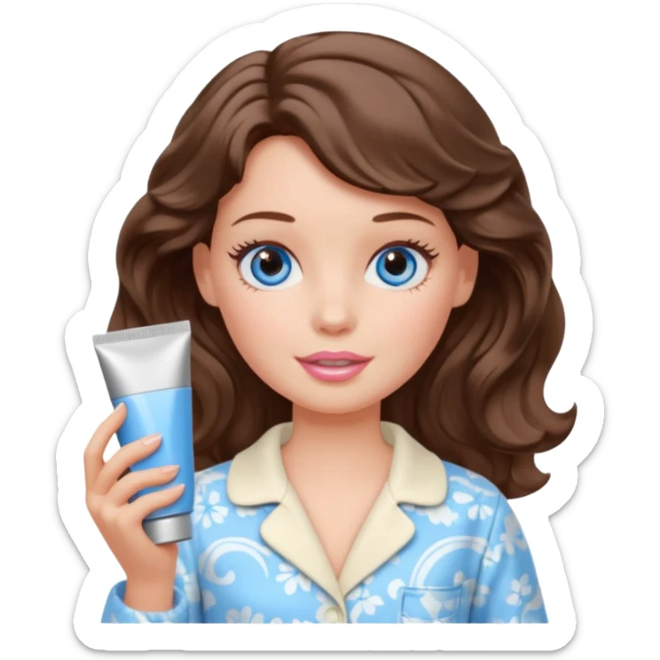 Barbie girl with makeup, blue eyes , and bob long haircut wavy, short brown hair in creamy color pajamas, face cream in hand sticker