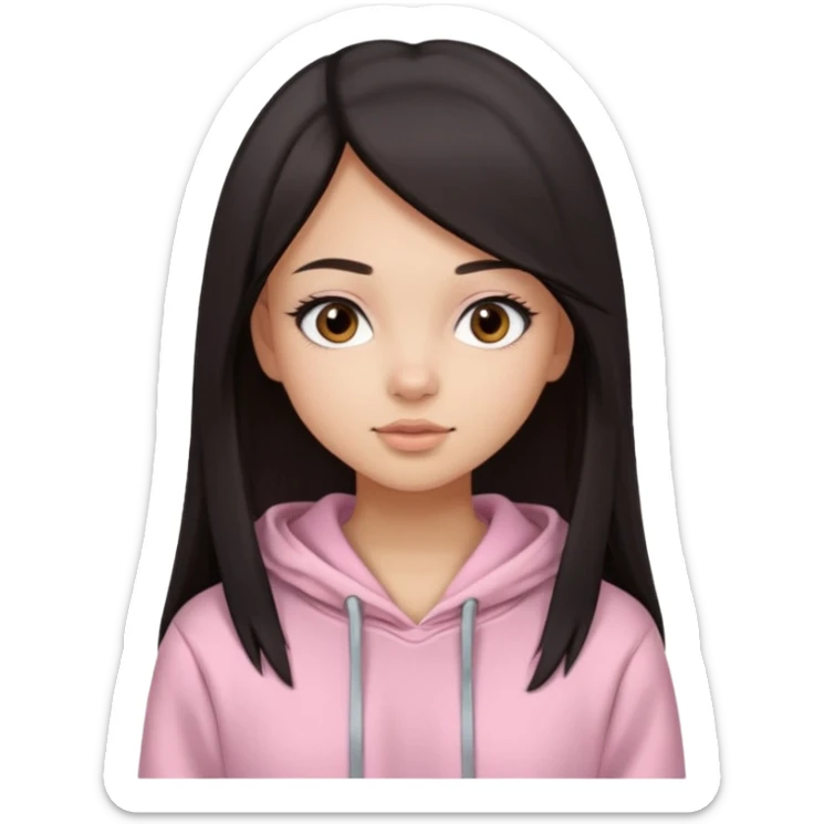 A pretty girl with light skin and long straight black brown hair, wearing a very light pink basic hoodie with brown eyes and makeup and a round face sticker