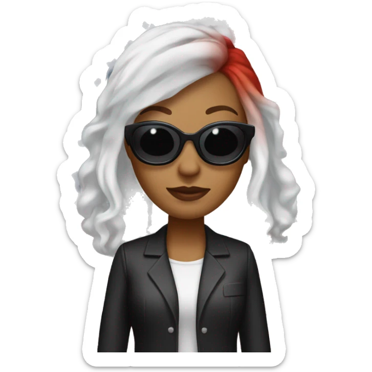 white and red hair. She wears American black work clothes, with white stars on her hair and an American flag in her hair. She is in her office in real life. She wears sunglasses.  sticker