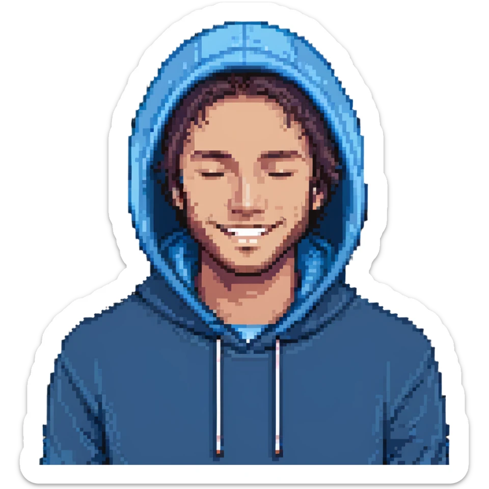pixel art of a man with a blue hoodie, smiling and blinking, close-up face, simple background sticker