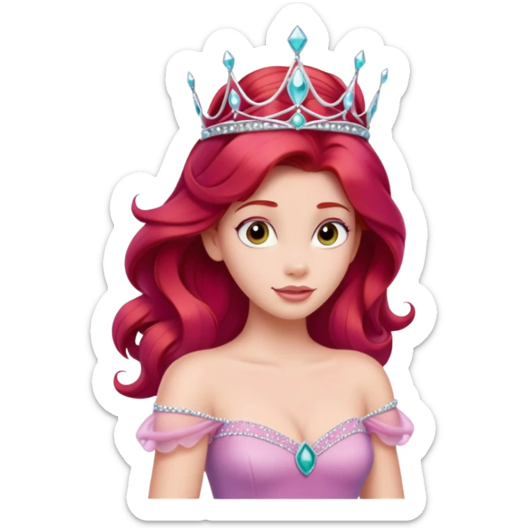 Disney human Ariel with red hair wearing a pink princess dress and tiara sticker