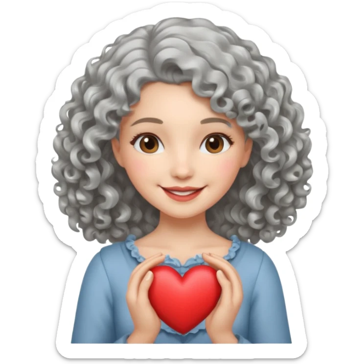 silvery curly/wavy shoulder-length hair smiling lady holding a heart less hair sticker