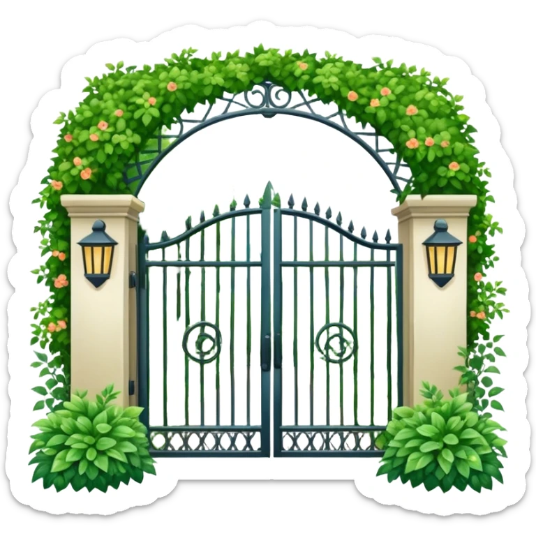 house entrance with iron gate and fence surrounded by lush green plants and bushes sticker