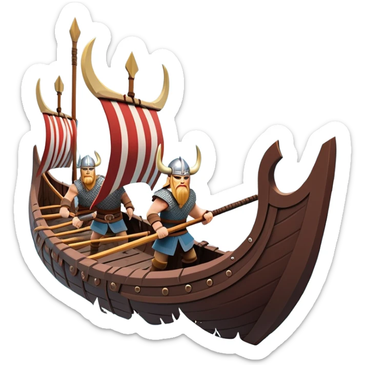 clash-of-clans-aesthetic_-cinematic-viking-longboat, rendered in a flat, bold vector style with minimal shading, featuring a striking dragon-headed prow slicing through icy, churning waters. shields on the side and vikings rowing The longboat’s intricately detailed shields and carved motifs evoke a sense of epic adventure and Nordic might, with billowing sails catching a dramatic, stormy sky backdrop. sticker