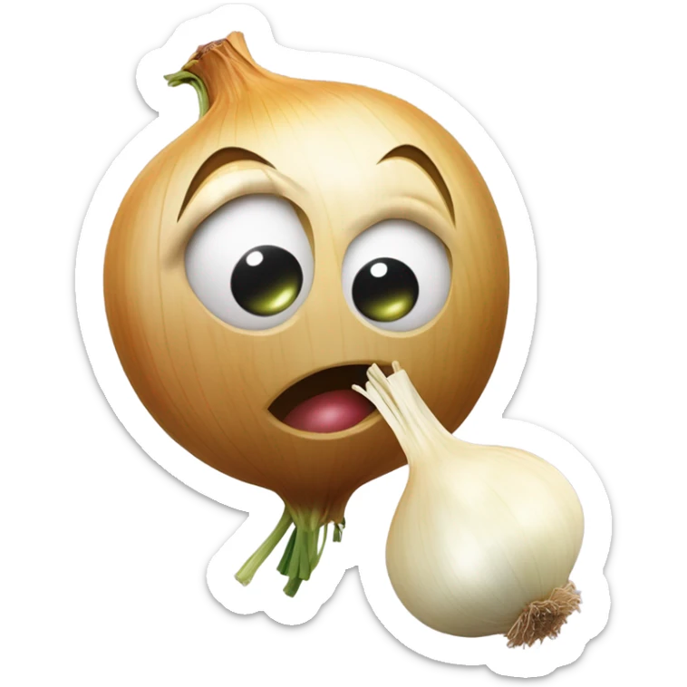 An emoji of a cute anthropomorphic onion kissing a smiling garlic clove on the cheek.  sticker