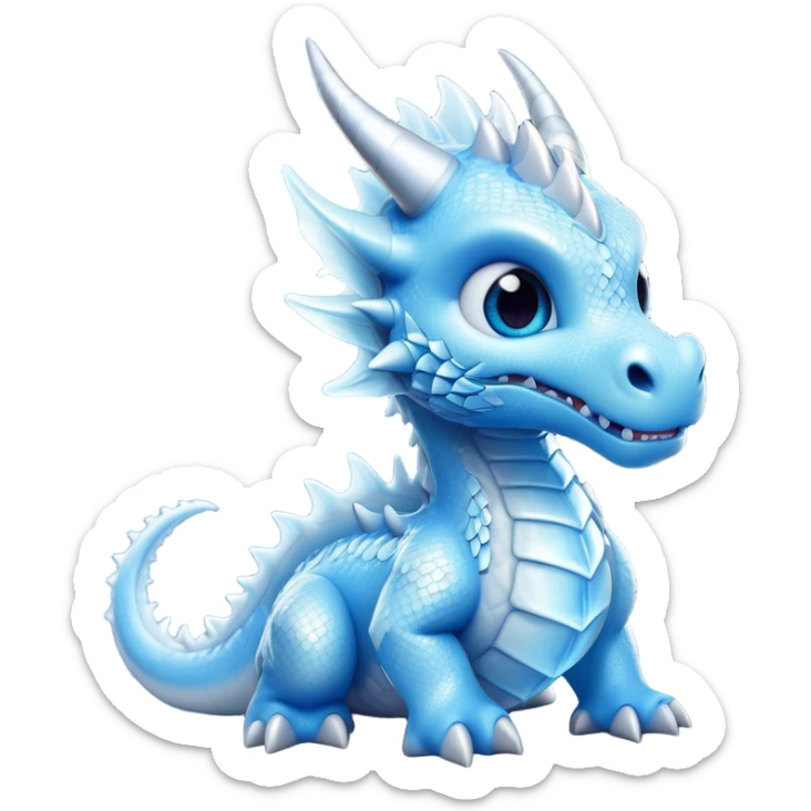 Cinematic Cute Beautiful Ice Dragon Portrait Emoji, Head tilted playfully and inquisitively, featuring a sleek, glacial form with intricately detailed, frost-kissed scales in shimmering blues and sparkling silver, accented by delicate ice crystal patterns and a gentle, enchanting glow; rendered with lifelike clarity and soft, natural light, high shine, charming and cool, styled with a touch of wintry fantasy, soft glowing outline, capturing the essence of a mischievous yet endearing ice guardian poised to twirl playfully into your dreams! sticker