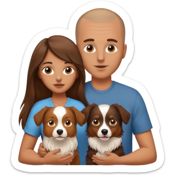 Man with shaved head holding woman with very long brown hair and one Aussie dog sticker