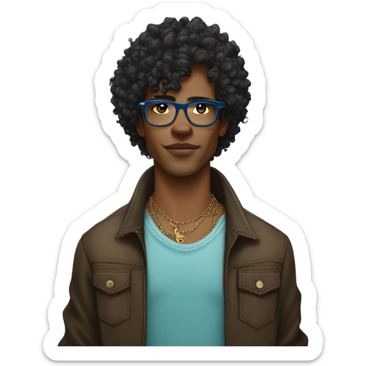 A black light skin male young designer, with curly long hair and a rayban style glasses, with two tattoos of dobbermans on the neck sticker