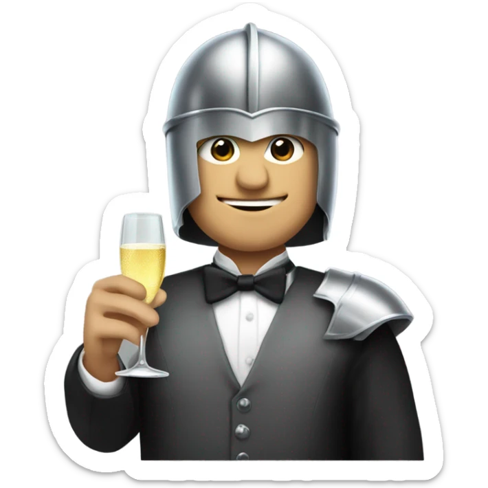 Guy wearing a knight helmet wearing a tuxedo with a glass of champagne  sticker