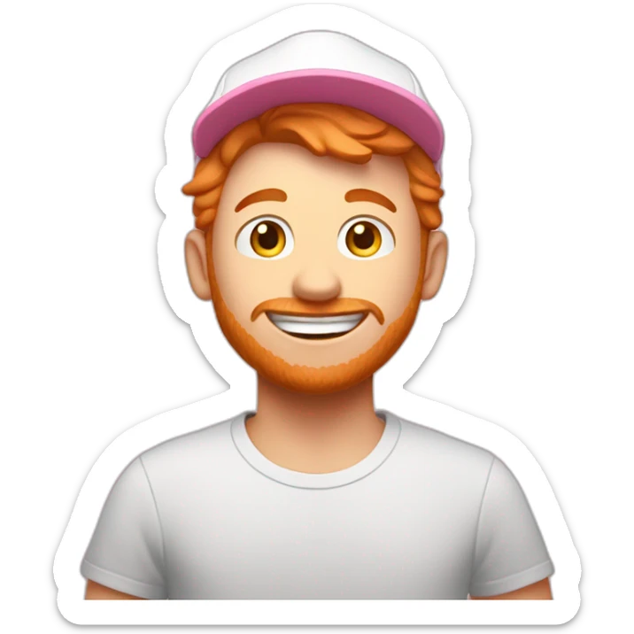 guy with short ginger hair wearing a white hat and a pink tshirst looking excited and super happy with no bear sticker