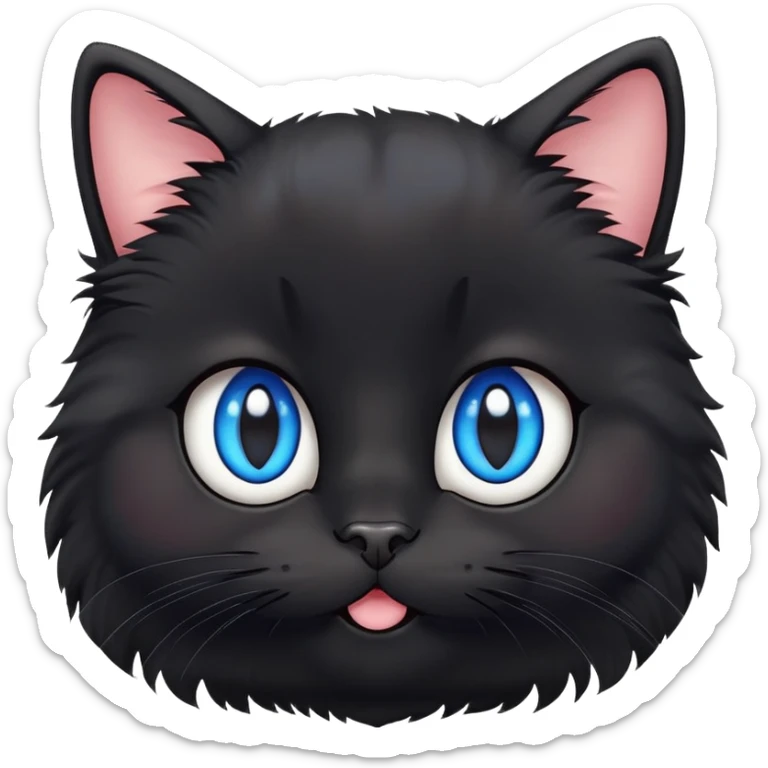 super cute fluffy black cat face with big adorable blue eyes, kawaii style, round face, very cute expression sticker