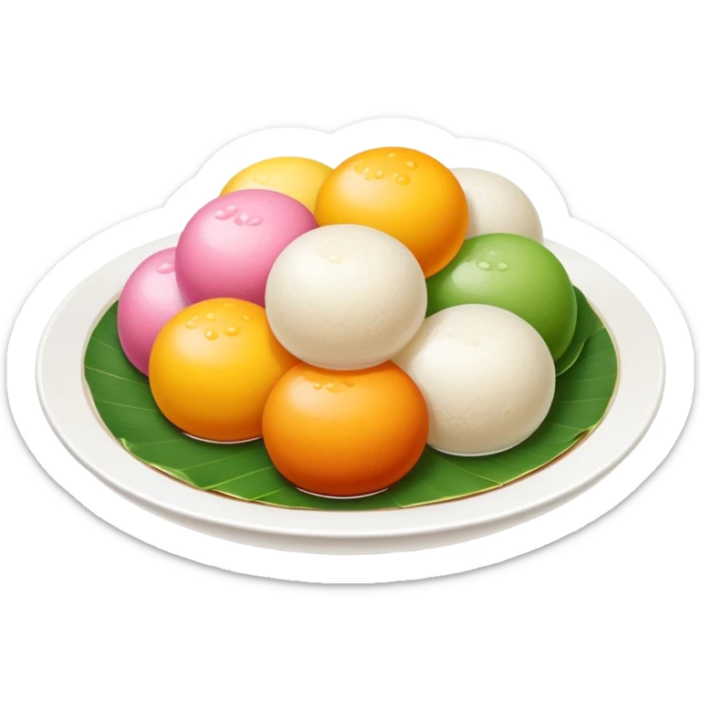 Shanghai Tangyuan sticky rice balls with colorful fillings in syrup, simplified emoji style with bold outlines and bright colors, cartoon style sweet Chinese dessert sticker