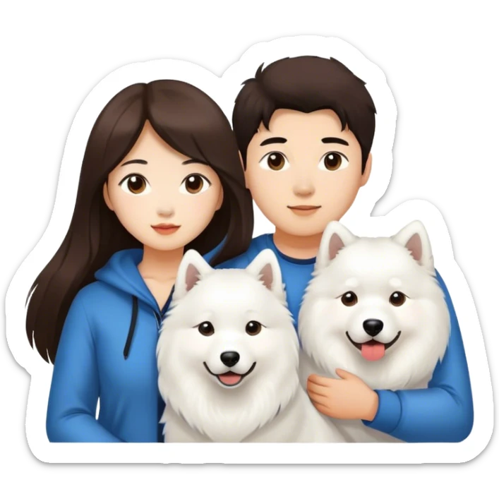 Long hair brunette asian girl and brunette Asian male couple with a Samoyed . Only 2 people and a dog   sticker