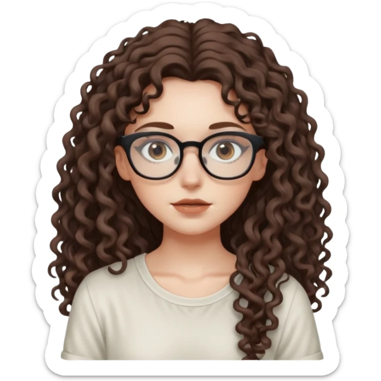 aesthetic white girl with cool colored brown, very long curly hair, she wears an offwhite top and her eyes are black , and wears thin small square glasses sticker