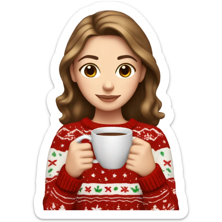 White girl with brown hair drinking coffee in a Christmas sweater sticker
