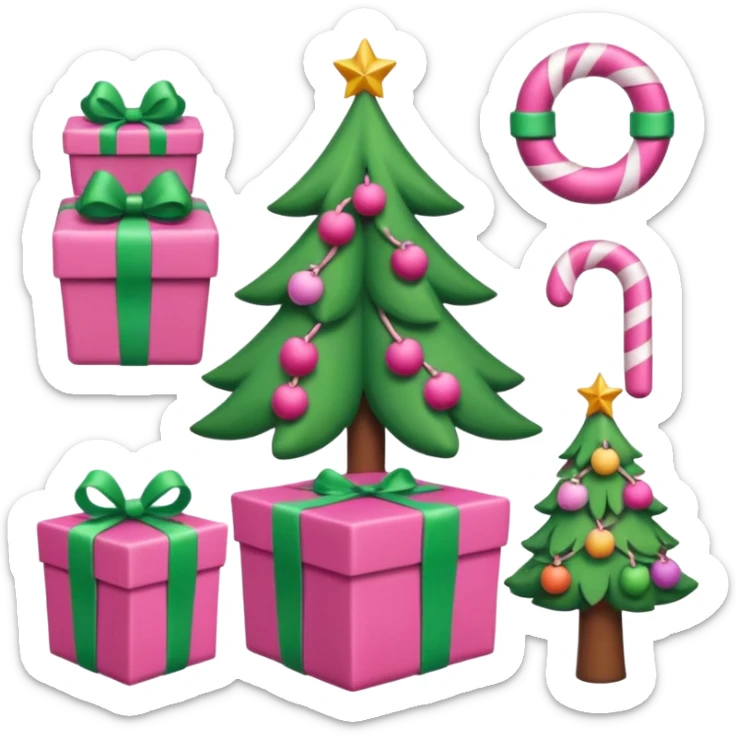 emojis estilo pixar de la cara de santa, arbolito rosa, reno, lazo coquet,bastones de caramelo rosa, caja de regalo rosa, arbolito verde con bambalinas rosa sticker