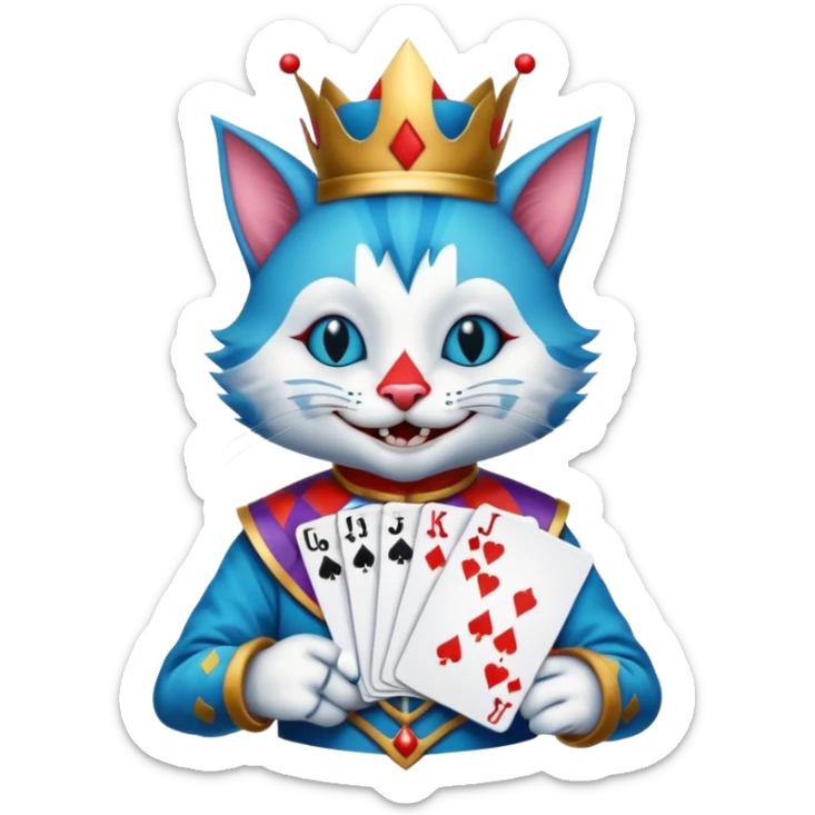 crazy colorful cute little cat jolly joker from poker, medieval, vintage, court jester, mac os icon, blue color, holds poker cards (clearly detailed and precise) sticker
