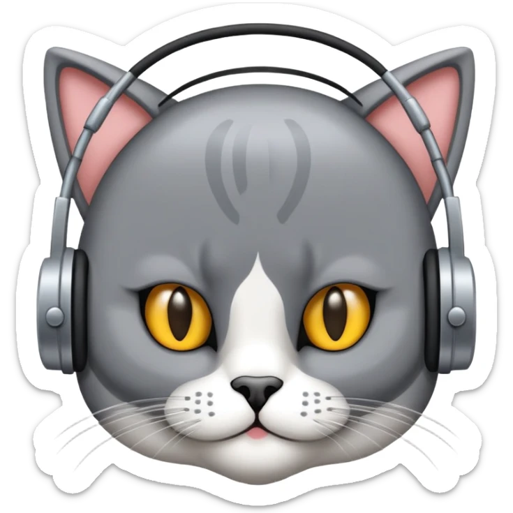 Gato persa gris con audífonos y detrás de él un cartel con el nombre PRIMERA 88.3FM sticker