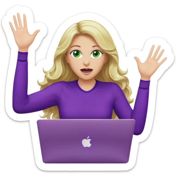 lady with long wavy blonde hair, purple top, green eyes, throwing her with a purple mac laptop hands in the air screaming sticker