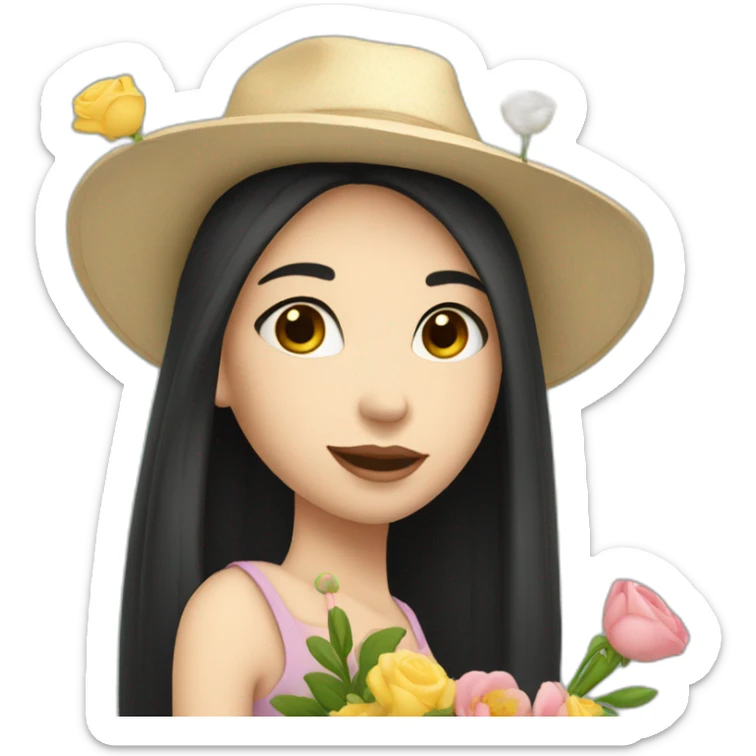 white skin, Girl with a hat, black hair straight to the shoulders, holding a bouquet of flowers sticker