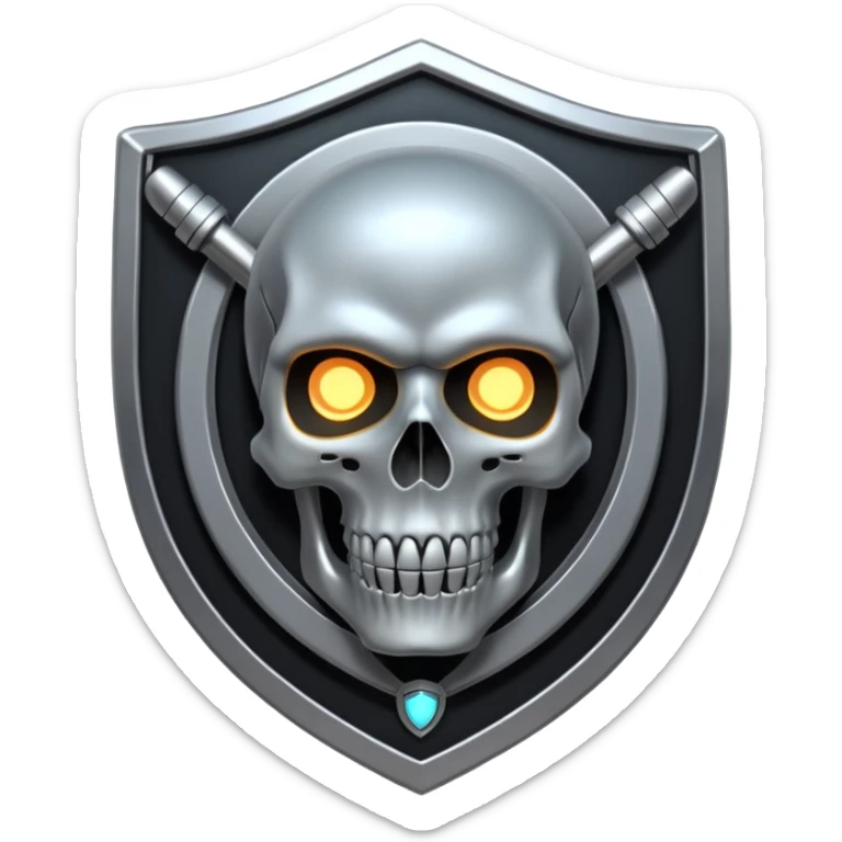 Futuristic shield badge, metallic tubes entwined, skull center, dark anime 90s style, no background sticker