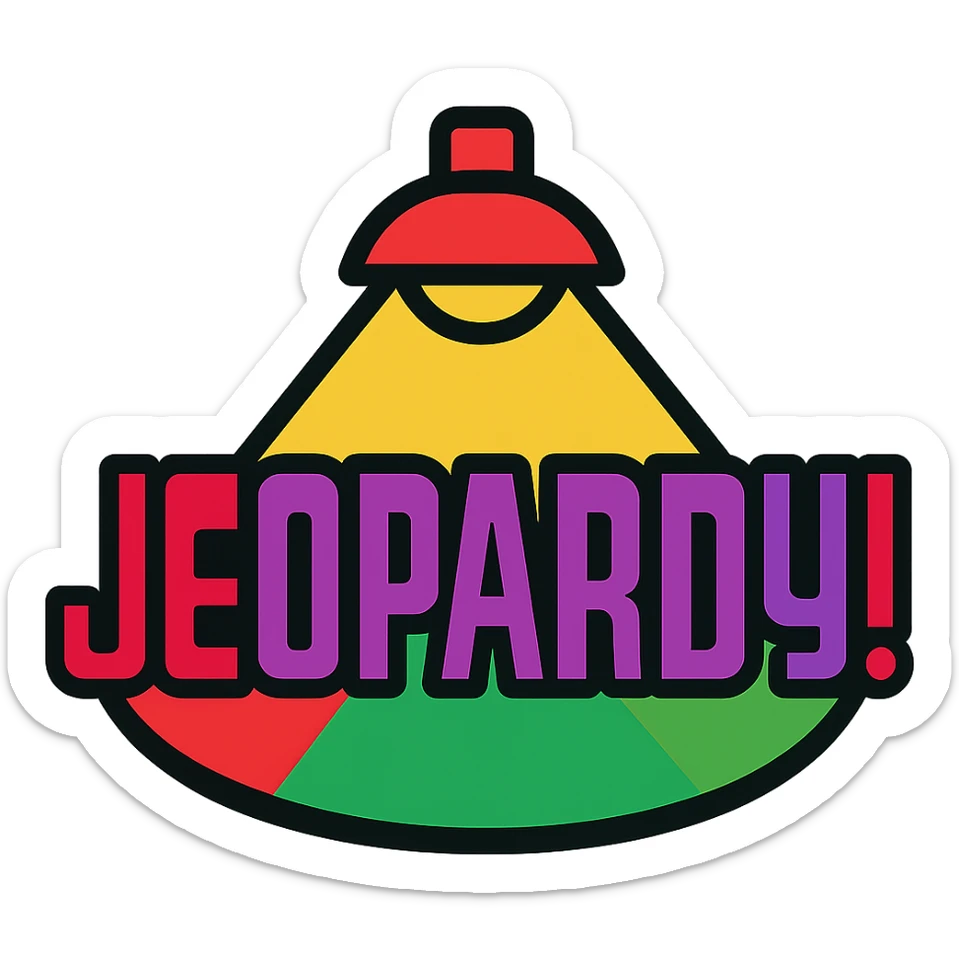 Add more colors to the Jeopardy logo icon, including red, green, and purple accents, while keeping the blue and gold base. Modern icon style with lineal color and black outlines. sticker