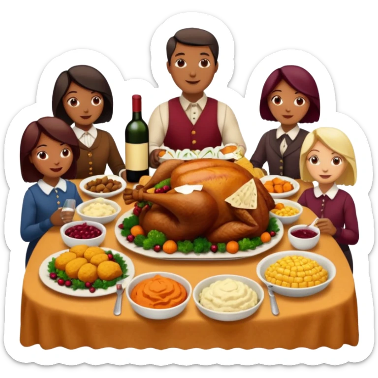 Thanksgiving Dinner with 10 people of different skin color around the table; have the food be a cooked turkey, mashed potatoes, corn, a basket of biscuits, a small bowl of cranberry sauce, baked yams, steamed vegetables, and a bottle of wine. sticker